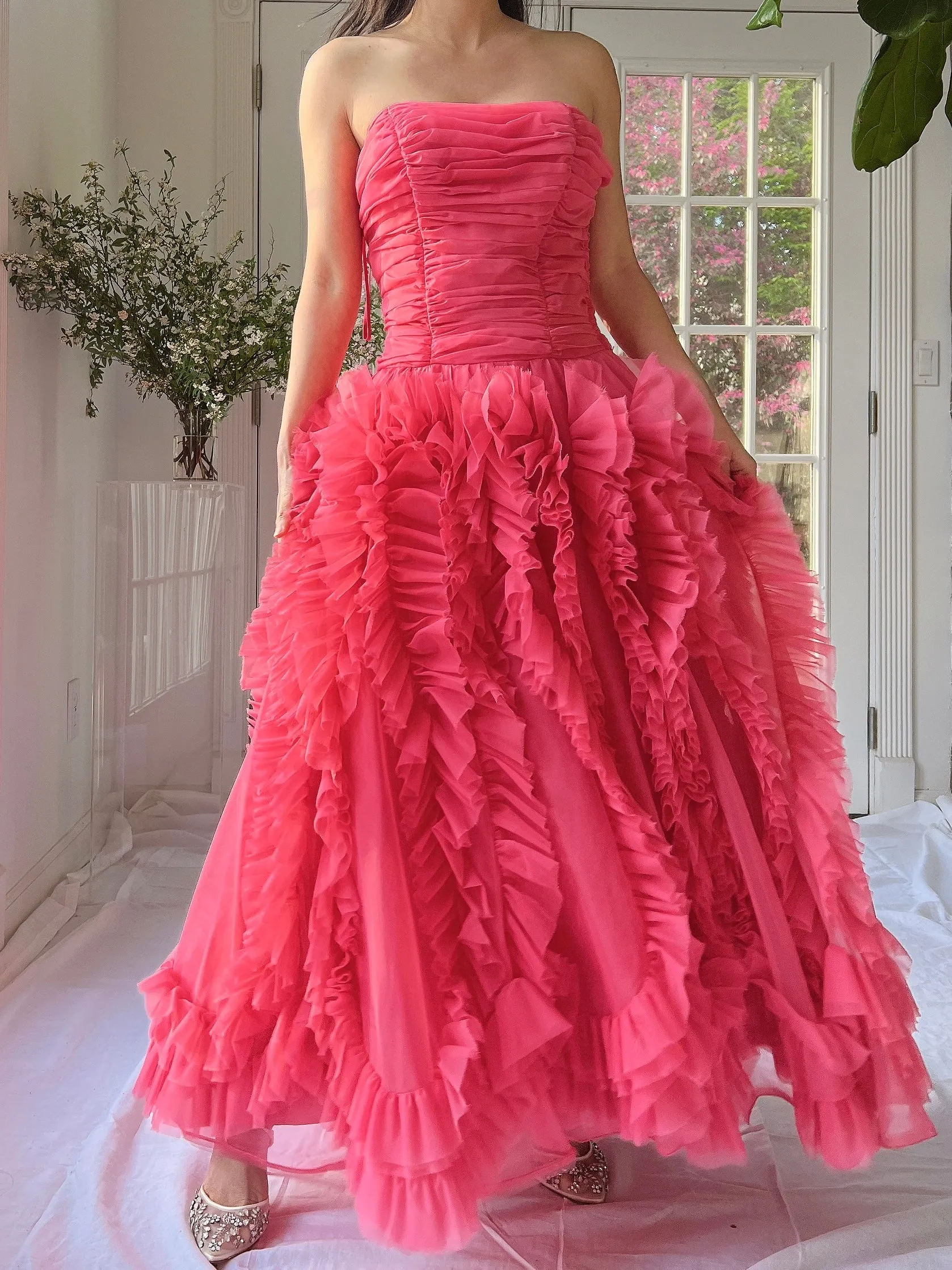 1960s Hot Pink Ruffle Dress - S