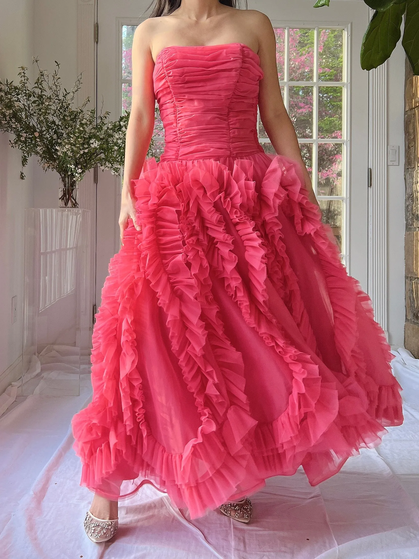 1960s Hot Pink Ruffle Dress - S