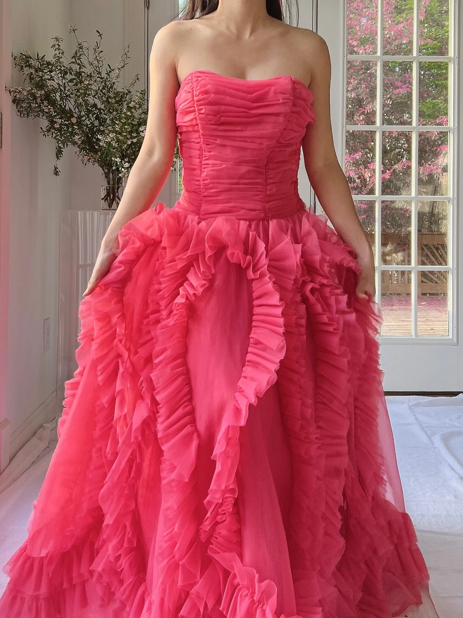 1960s Hot Pink Ruffle Dress - S