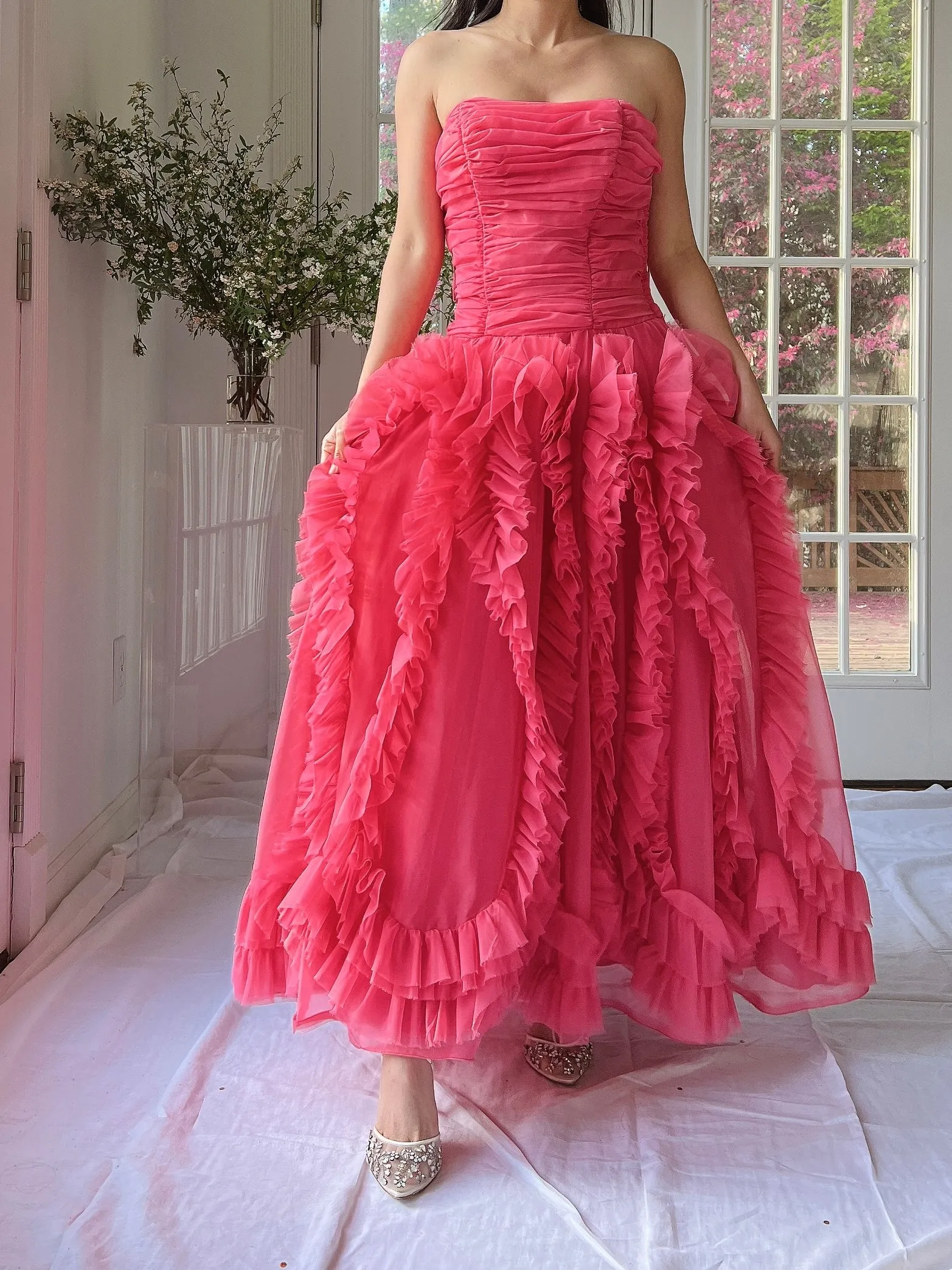 1960s Hot Pink Ruffle Dress - S