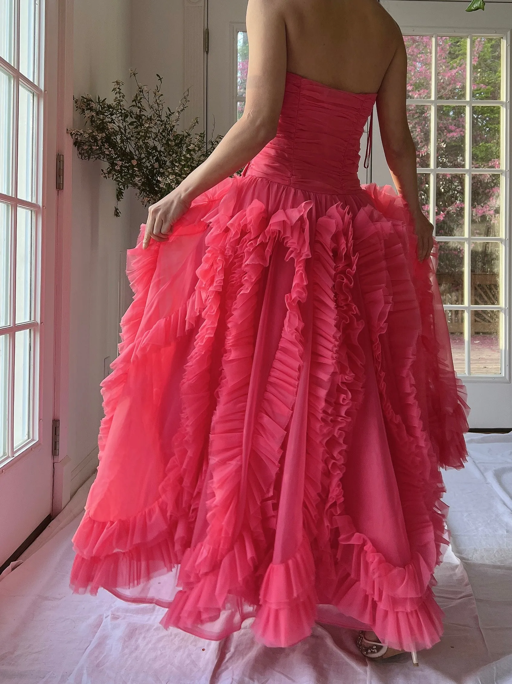 1960s Hot Pink Ruffle Dress - S