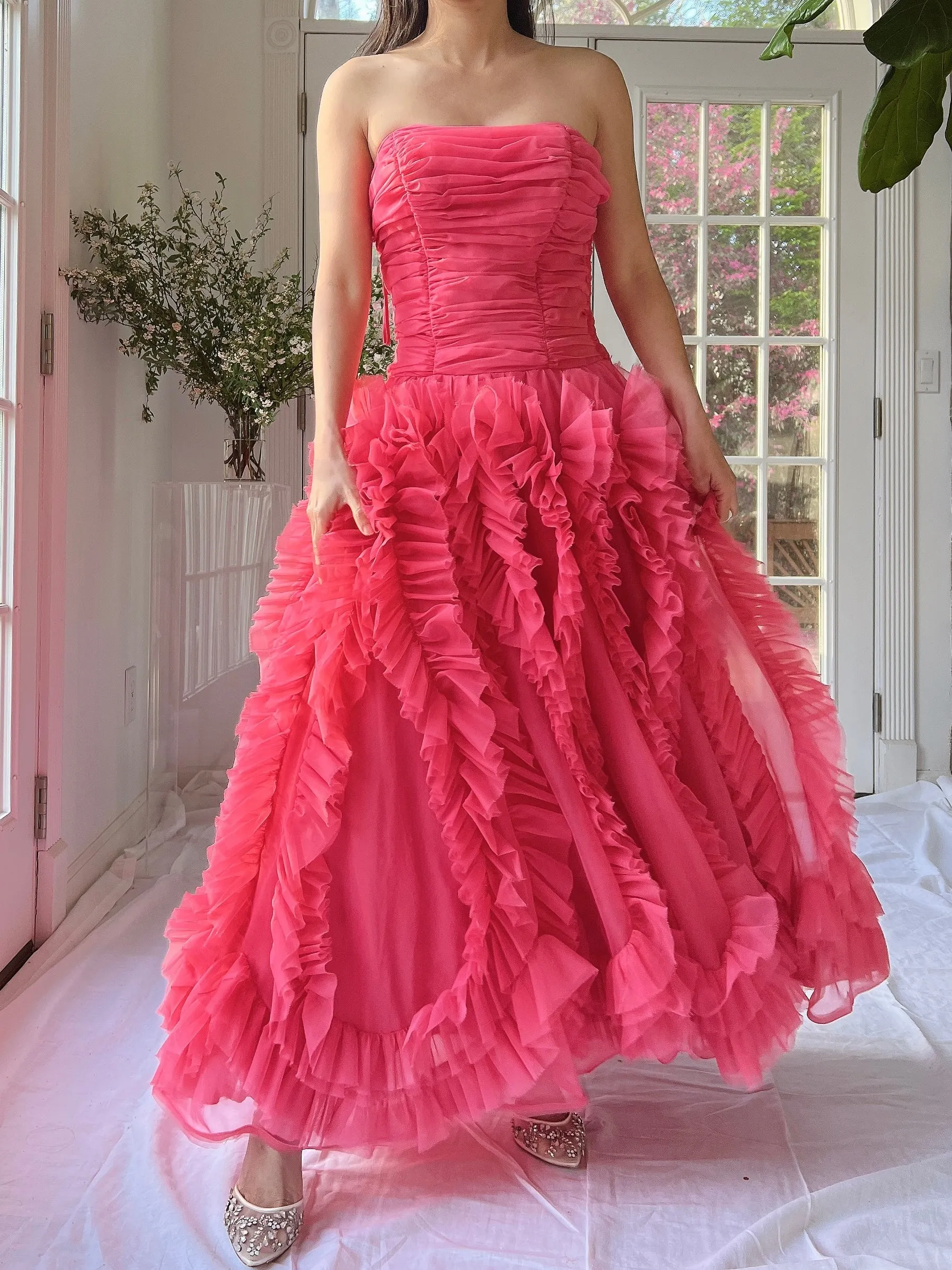 1960s Hot Pink Ruffle Dress - S