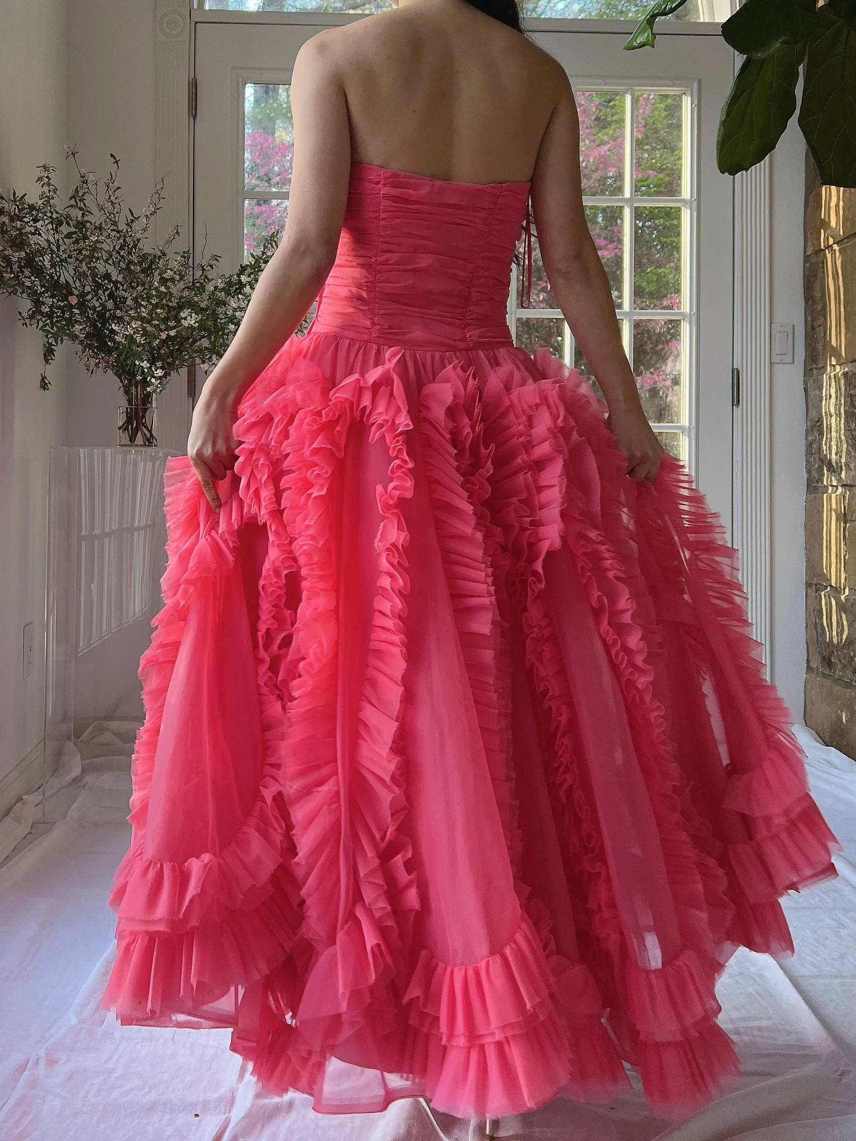 1960s Hot Pink Ruffle Dress - S