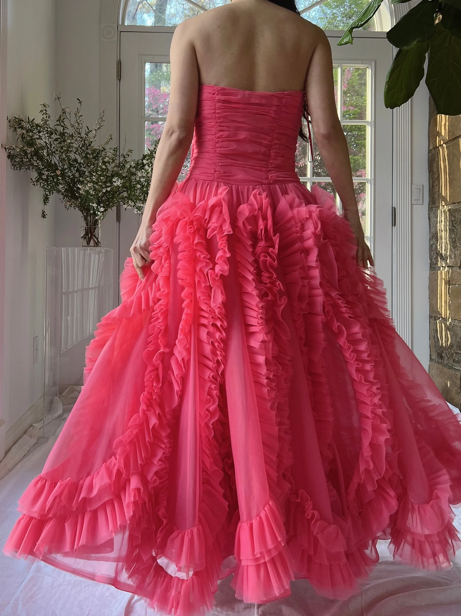 1960s Hot Pink Ruffle Dress - S