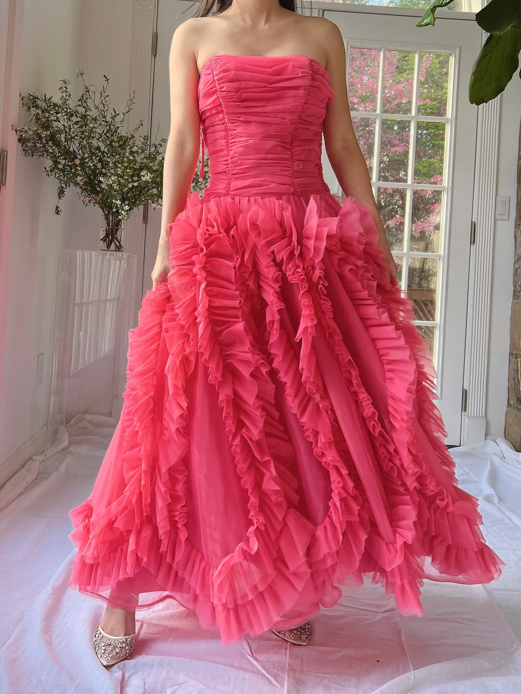 1960s Hot Pink Ruffle Dress - S