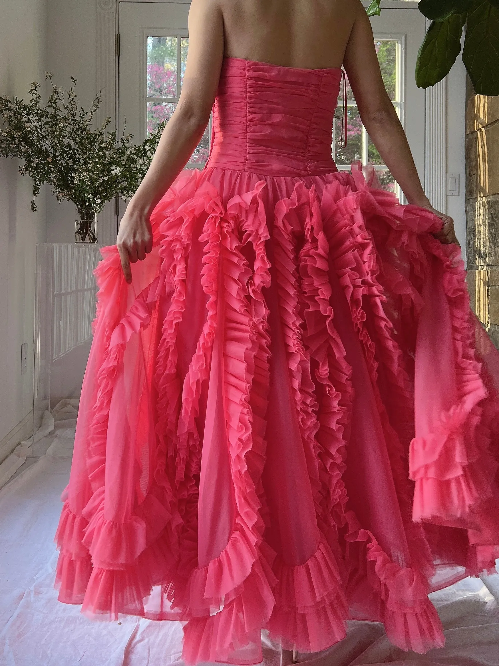 1960s Hot Pink Ruffle Dress - S