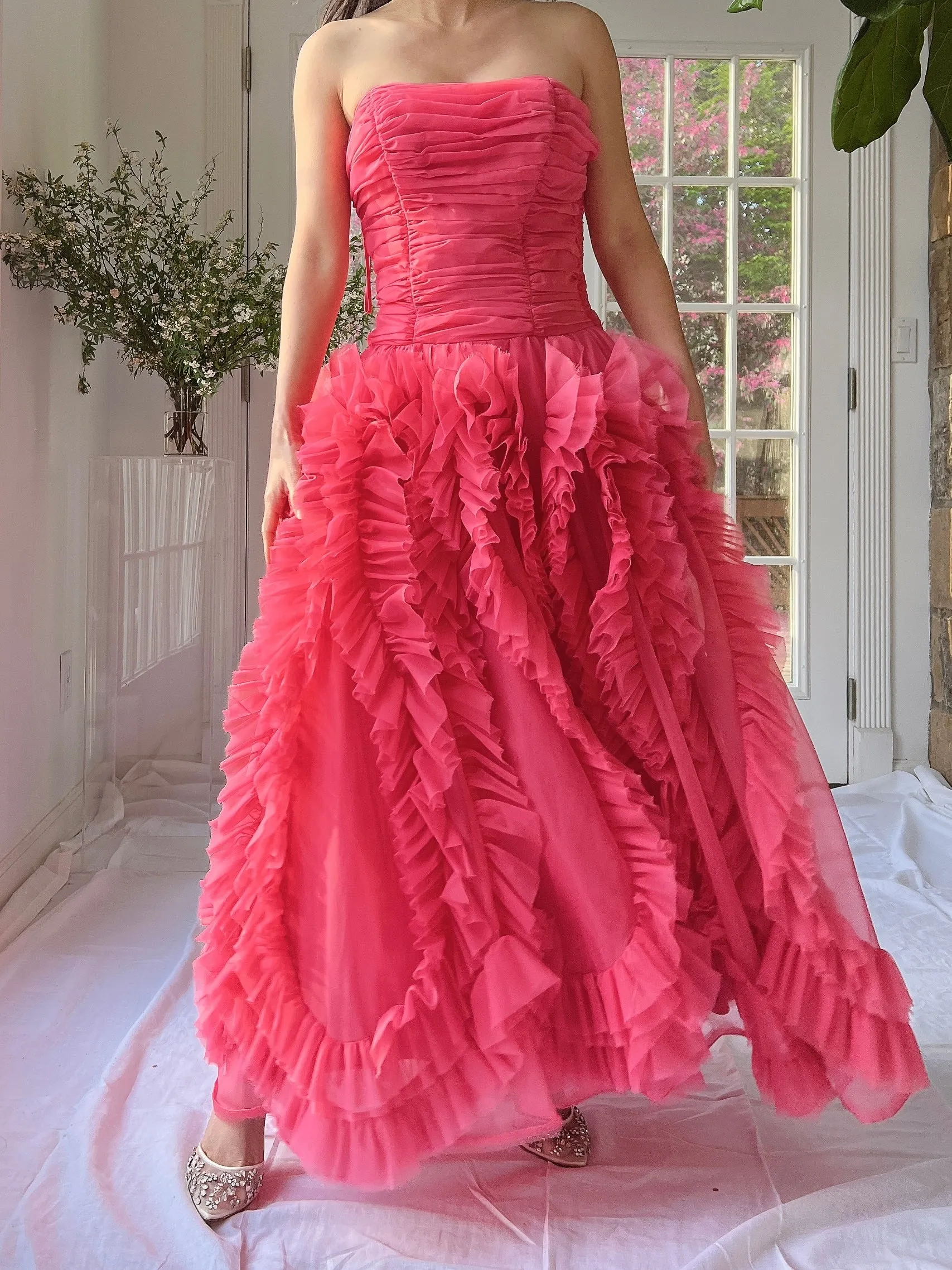 1960s Hot Pink Ruffle Dress - S