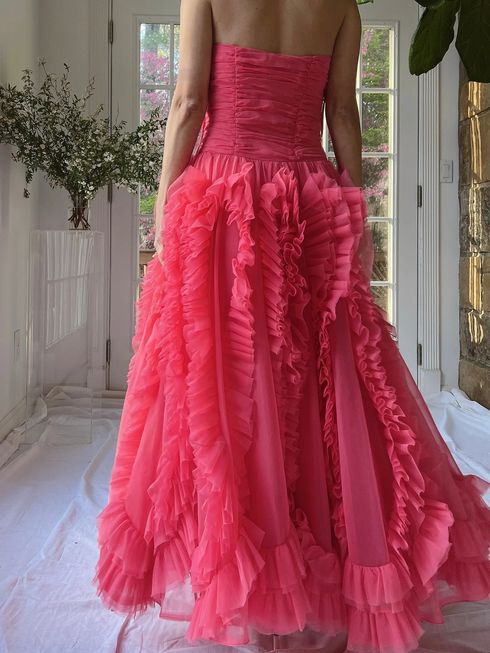 1960s Hot Pink Ruffle Dress - S