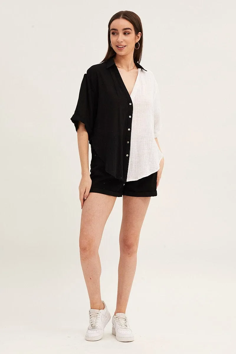 Black Mono Cotton Half Sleeve Relaxed Shirt