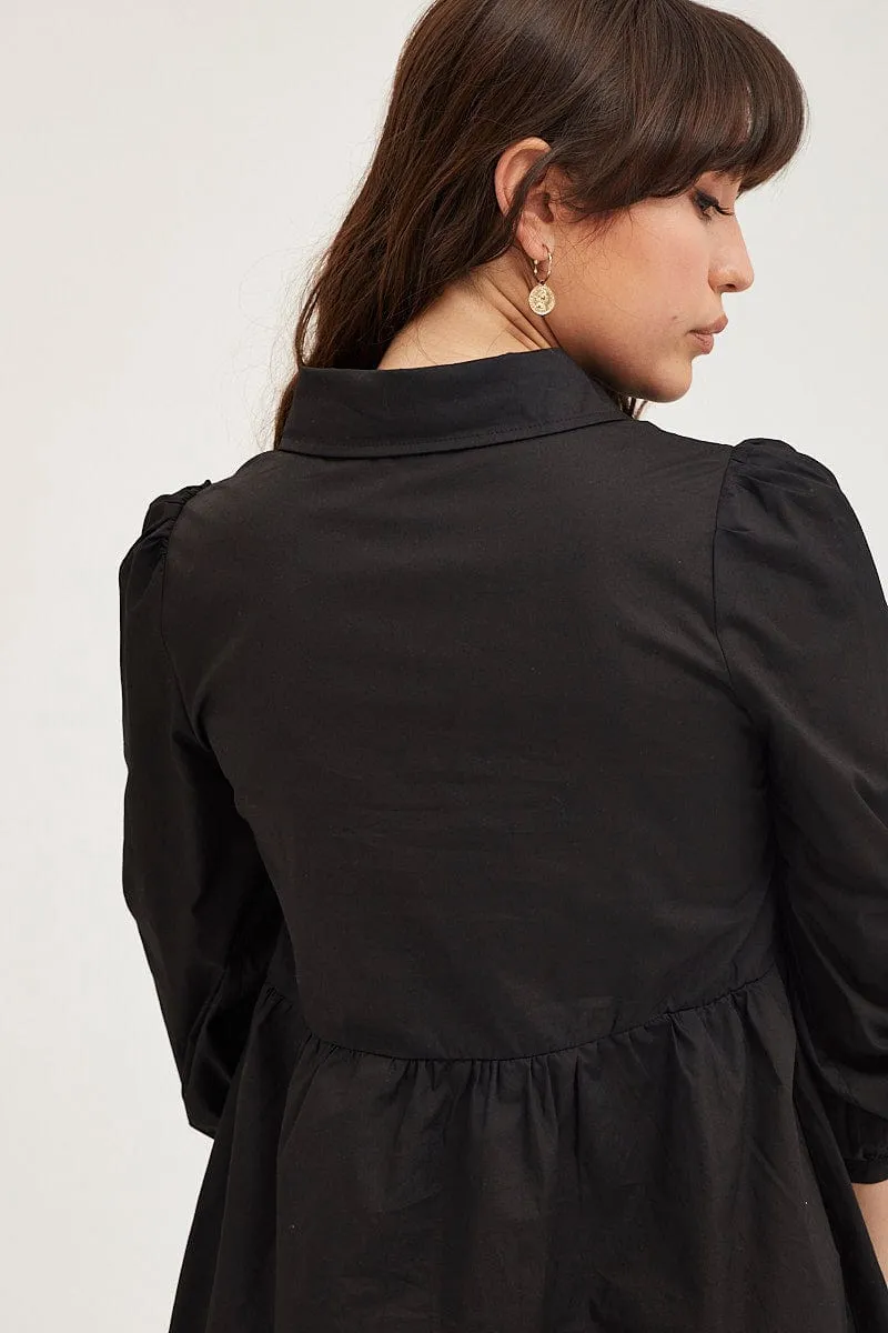 Black Shirt Dress Long Sleeve Mini High Neck