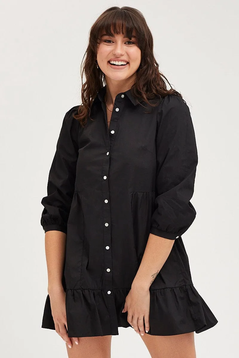 Black Shirt Dress Long Sleeve Mini High Neck