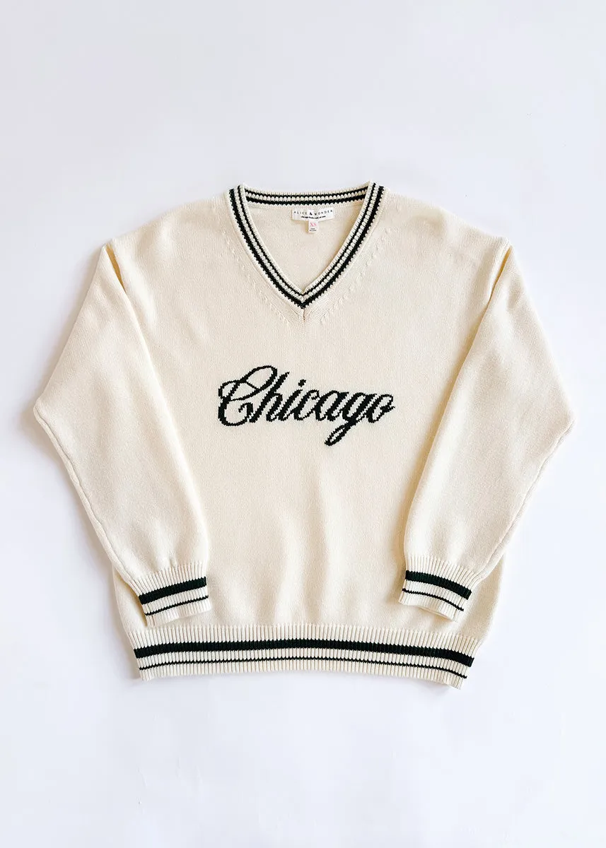 Chicago Collegiate V-Neck Sweater - Cream & Green