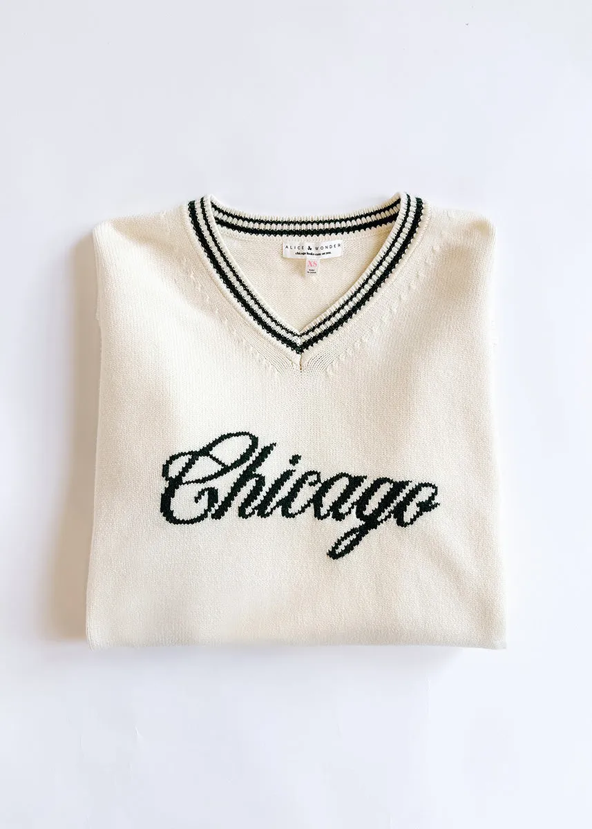 Chicago Collegiate V-Neck Sweater - Cream & Green