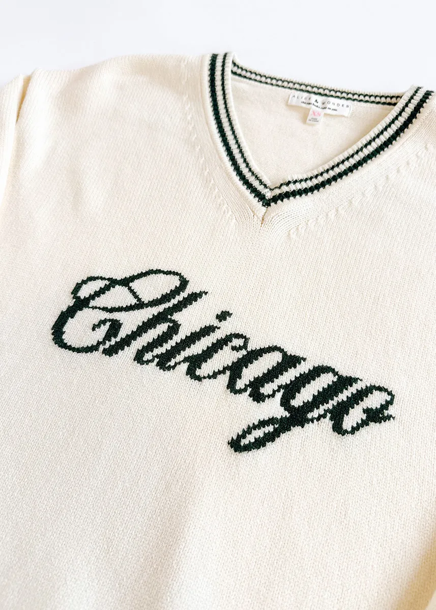 Chicago Collegiate V-Neck Sweater - Cream & Green