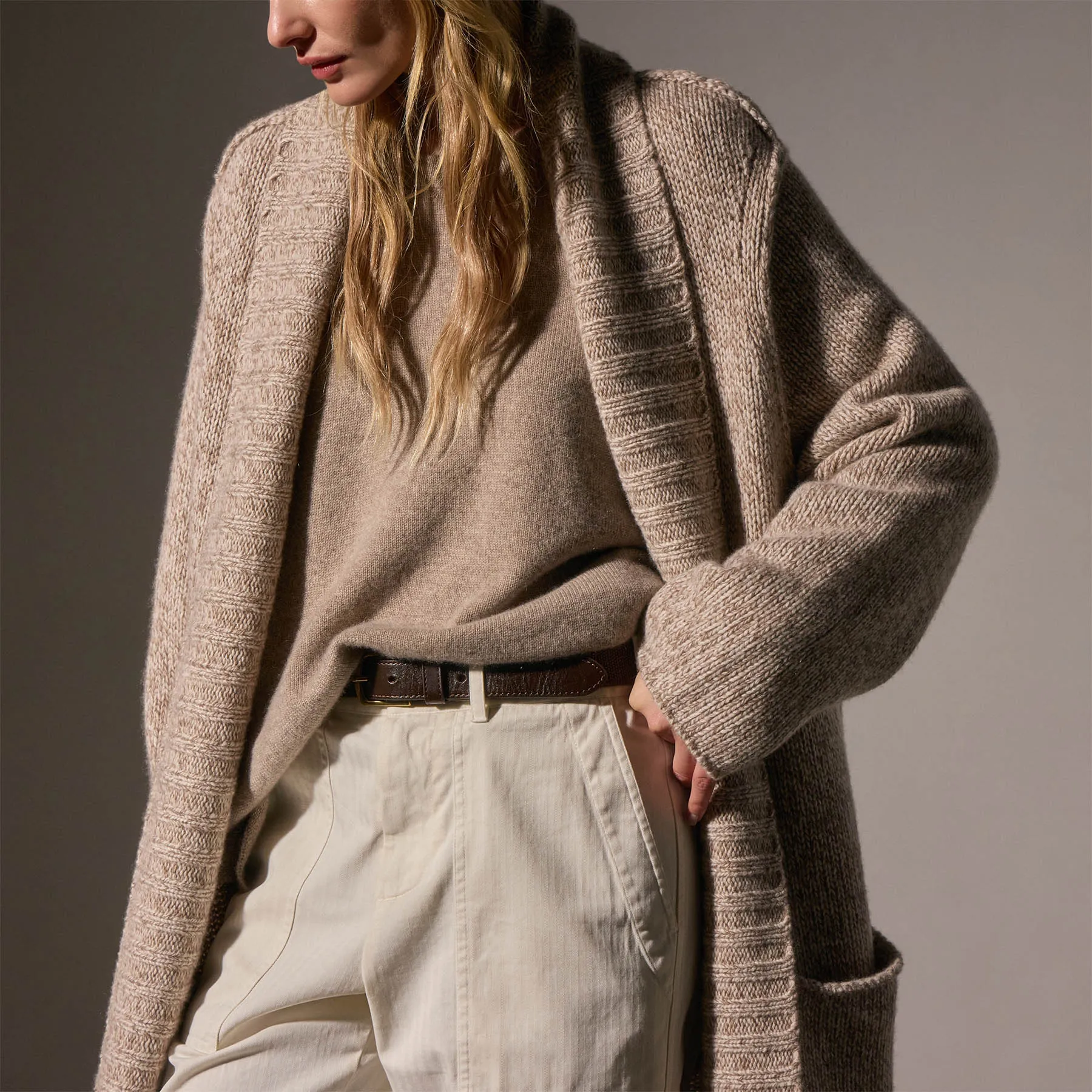 Chunky Knit Cashmere Marl Cardigan - Stone Marl
