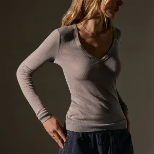 Cotton Cashmere Blend Deep V Tee - Dapple