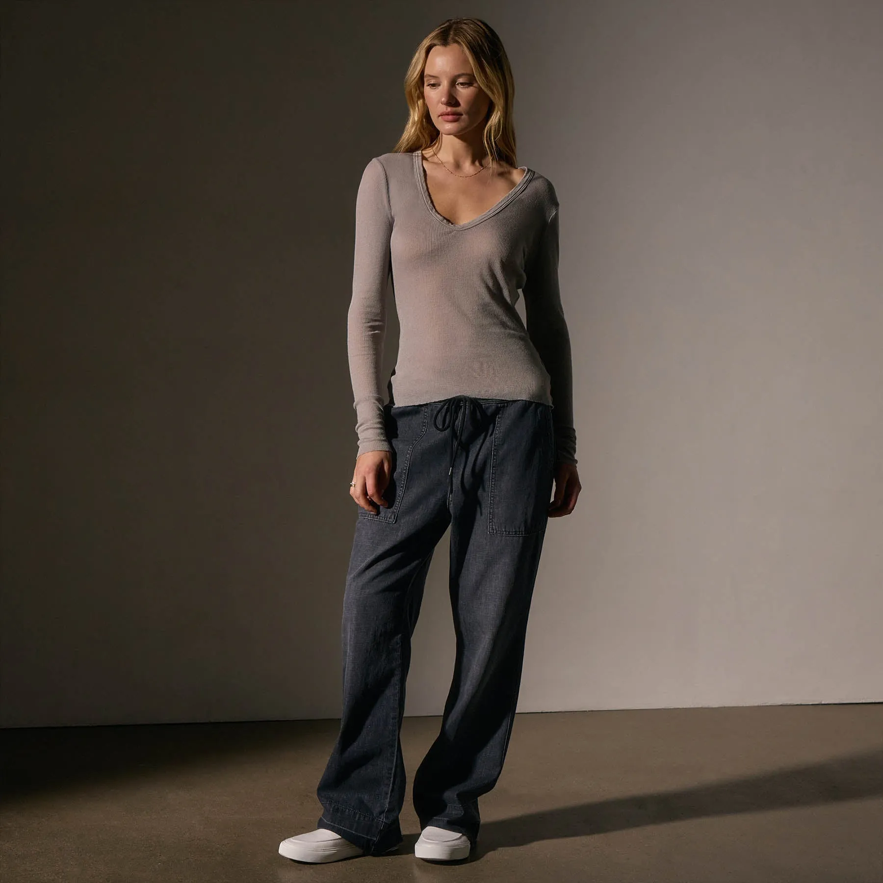 Cotton Cashmere Blend Deep V Tee - Dapple