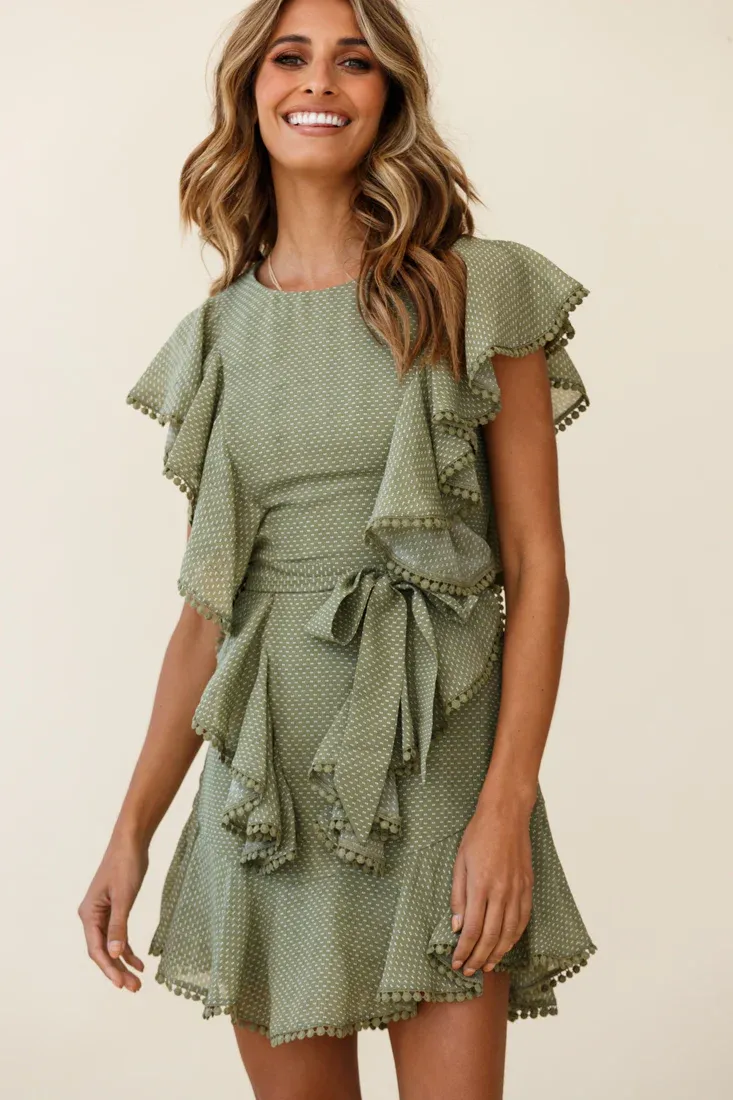 Deandra Ruffle Insert Waist Tie Dress Dash Pattern Olive