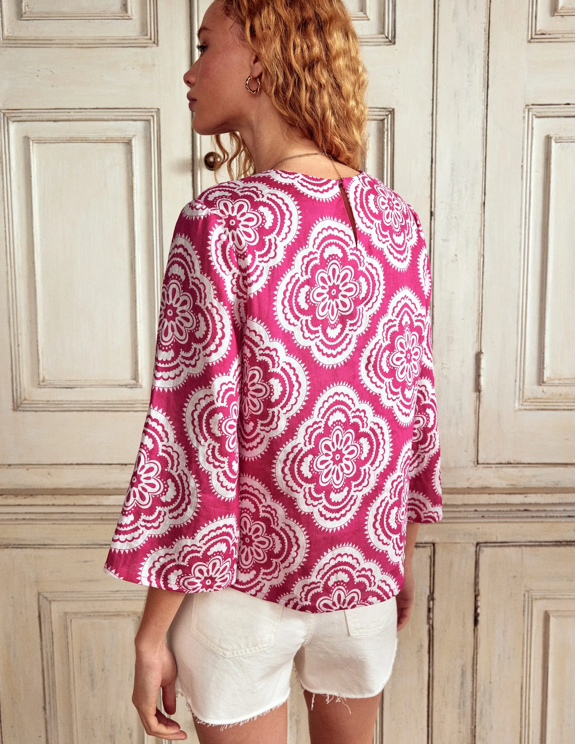 Fluted Sleeve Linen Top-Pink Peony. Botanic Blush