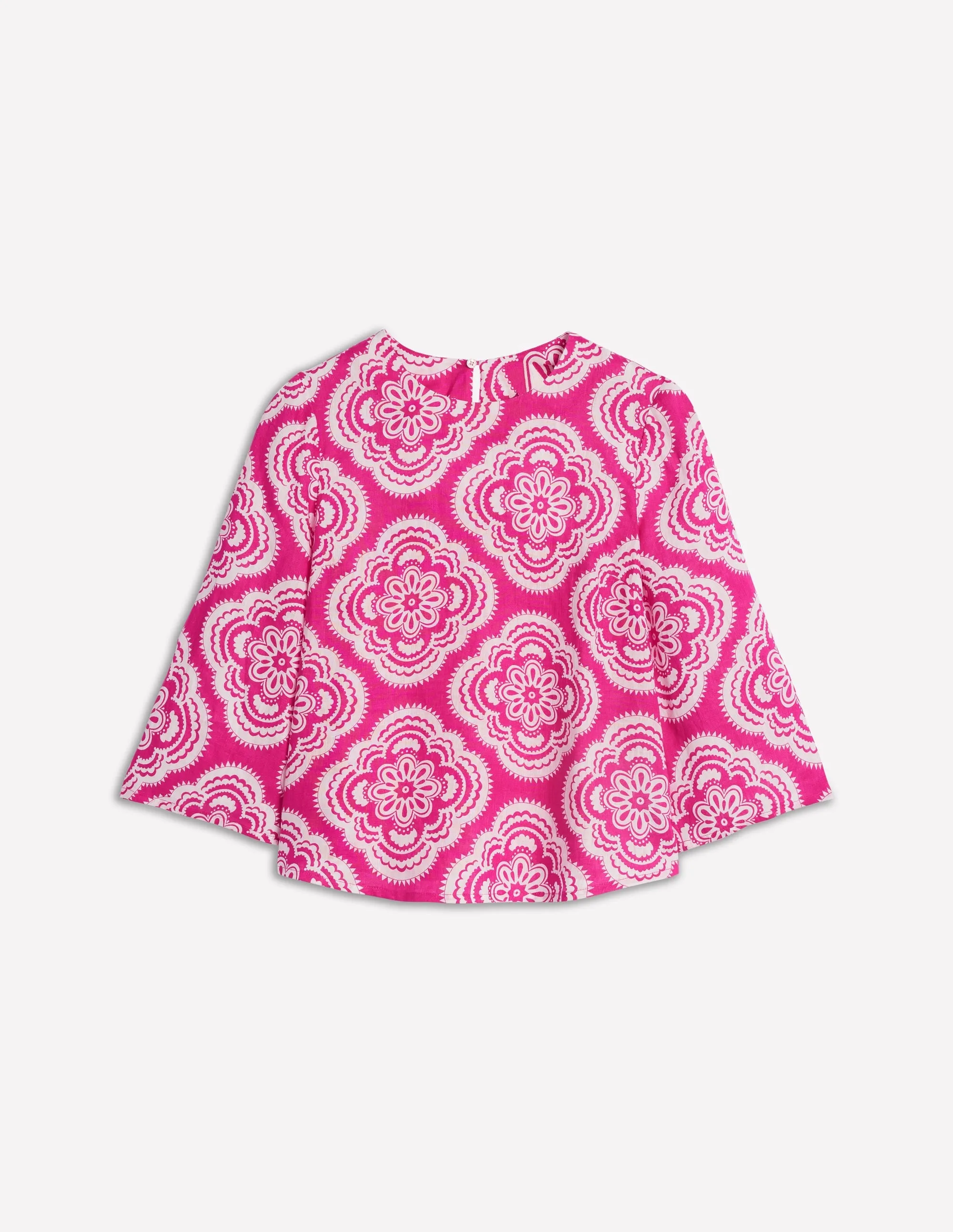 Fluted Sleeve Linen Top-Pink Peony. Botanic Blush