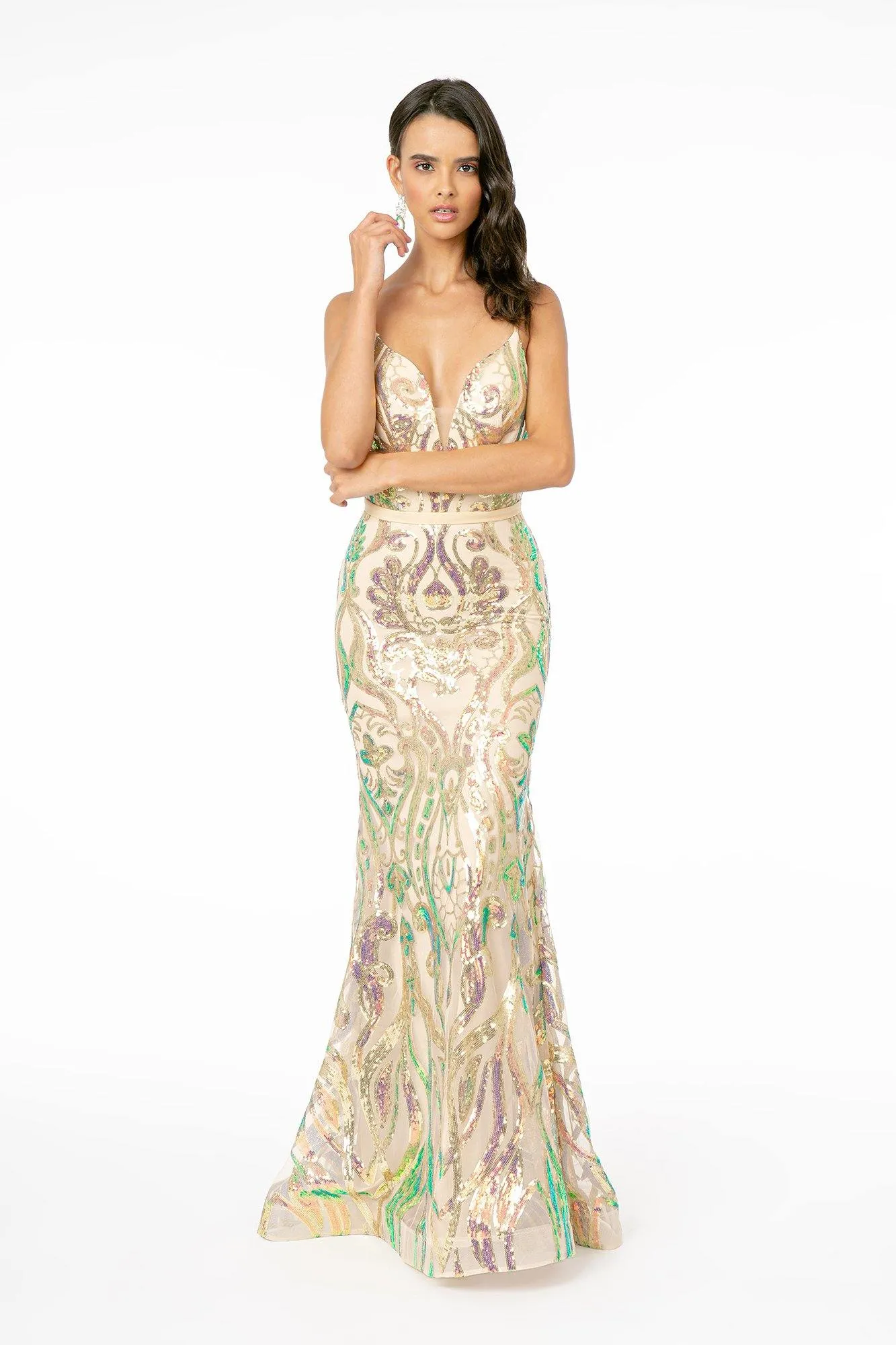 Formal Iridecent Sequin Pattern Long Prom Dress