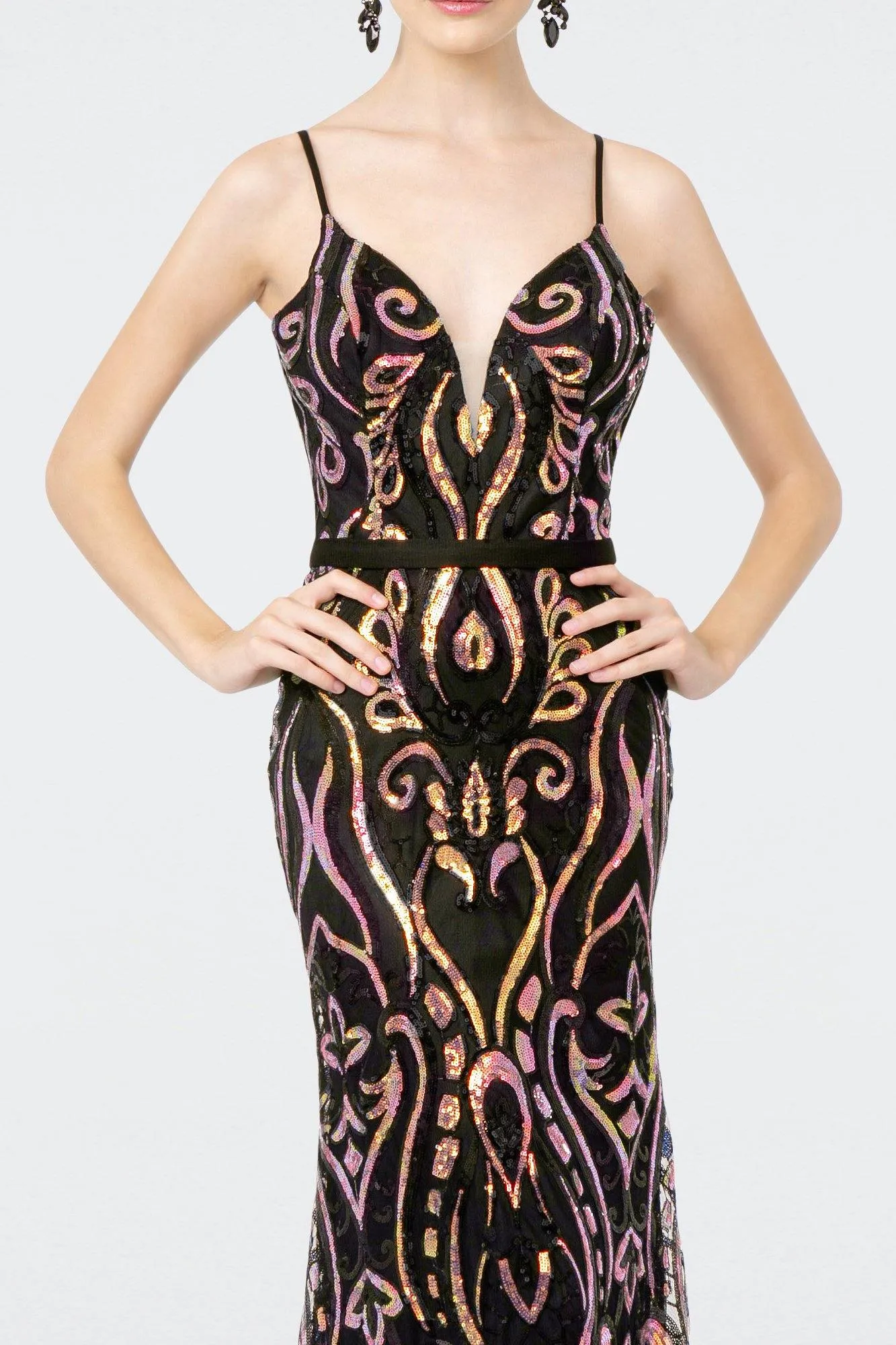 Formal Iridecent Sequin Pattern Long Prom Dress