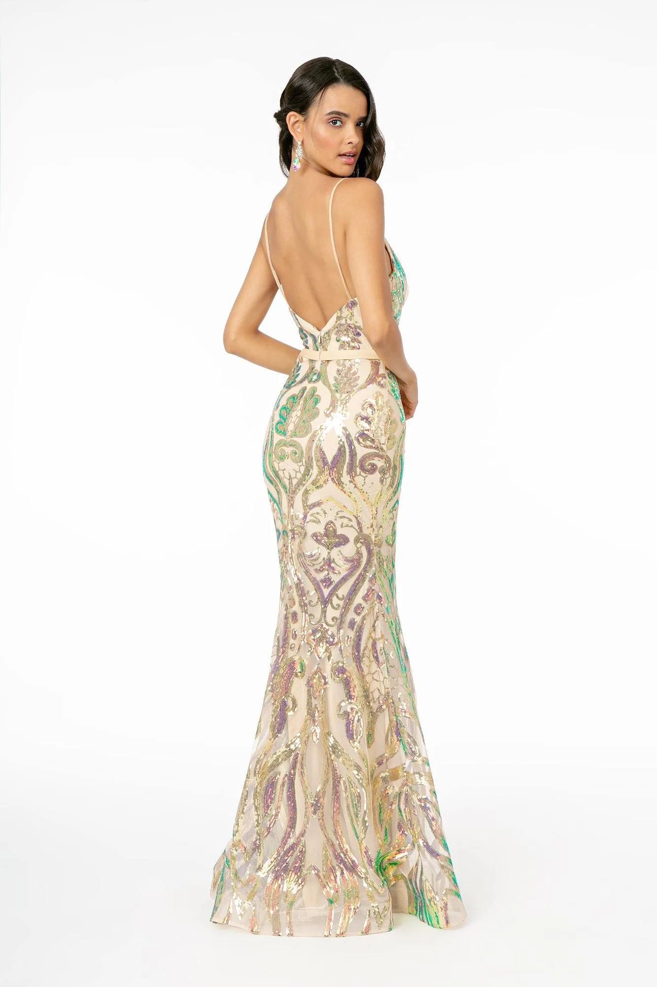 Formal Iridecent Sequin Pattern Long Prom Dress