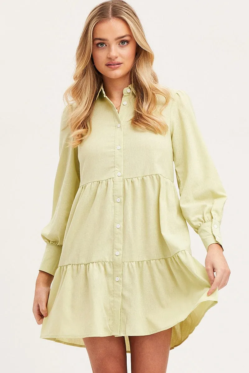 Green Shirt Dress Long Sleeve Button Front