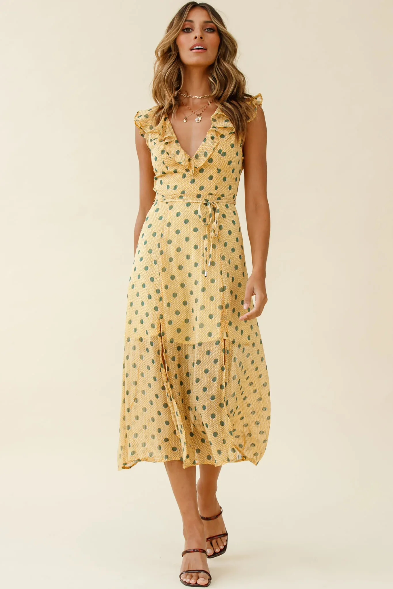 Karina Frill Neckline Midi Dress Polka Dot Print Mustard