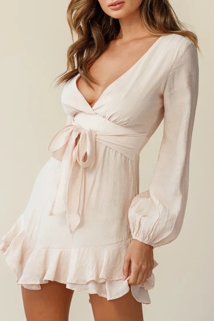 Maddox Long Sleeve Layered Ruffle Hem Dress Beige