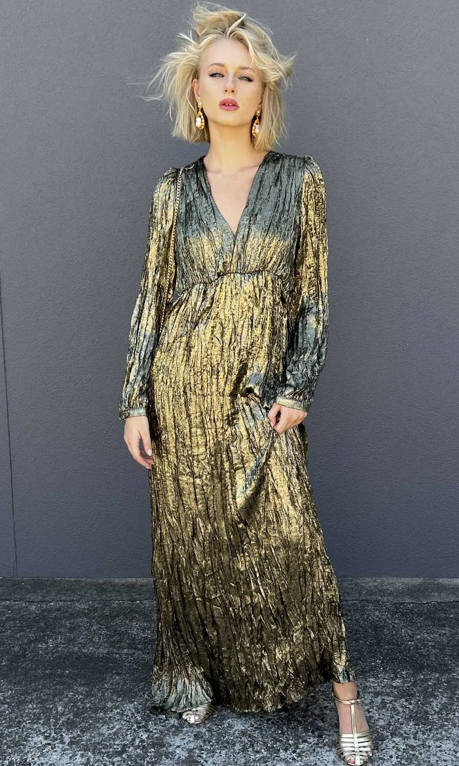 Momoni Ban Maxi Plisse Dark Gold  Dress