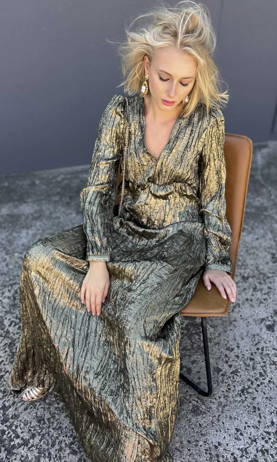 Momoni Ban Maxi Plisse Dark Gold  Dress