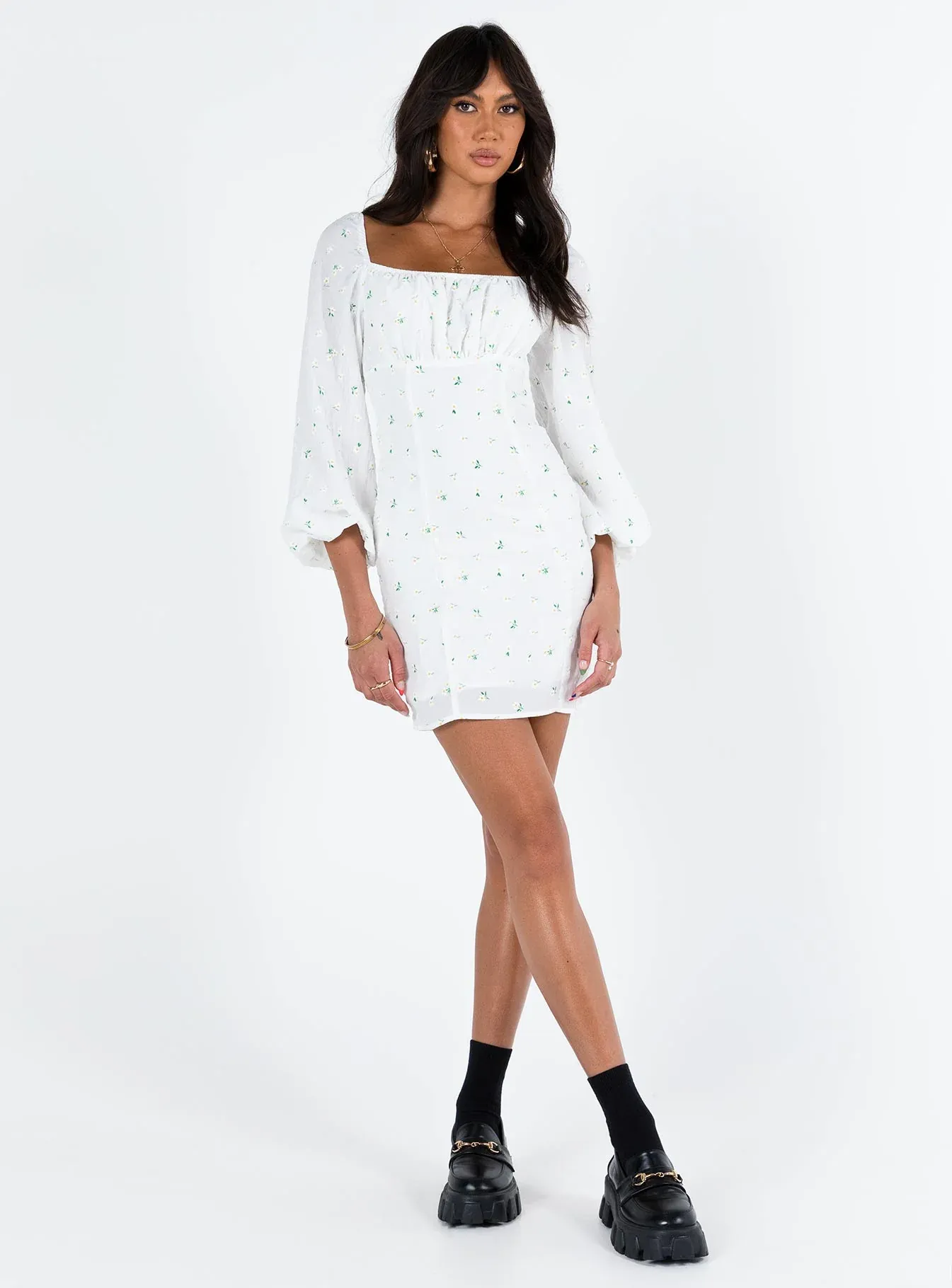 Napier Long Sleeve Mini Dress White