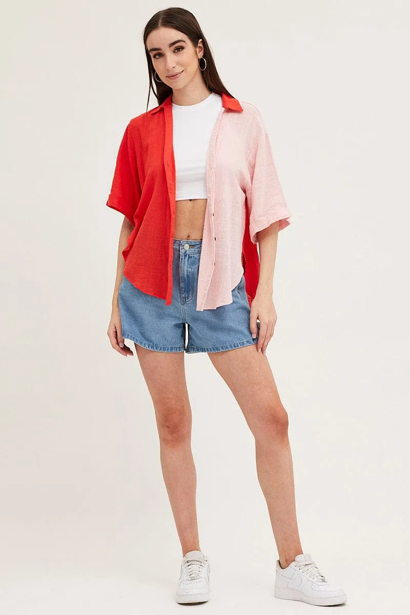Pink Cotton Half Sleeve Relaxed Shirt