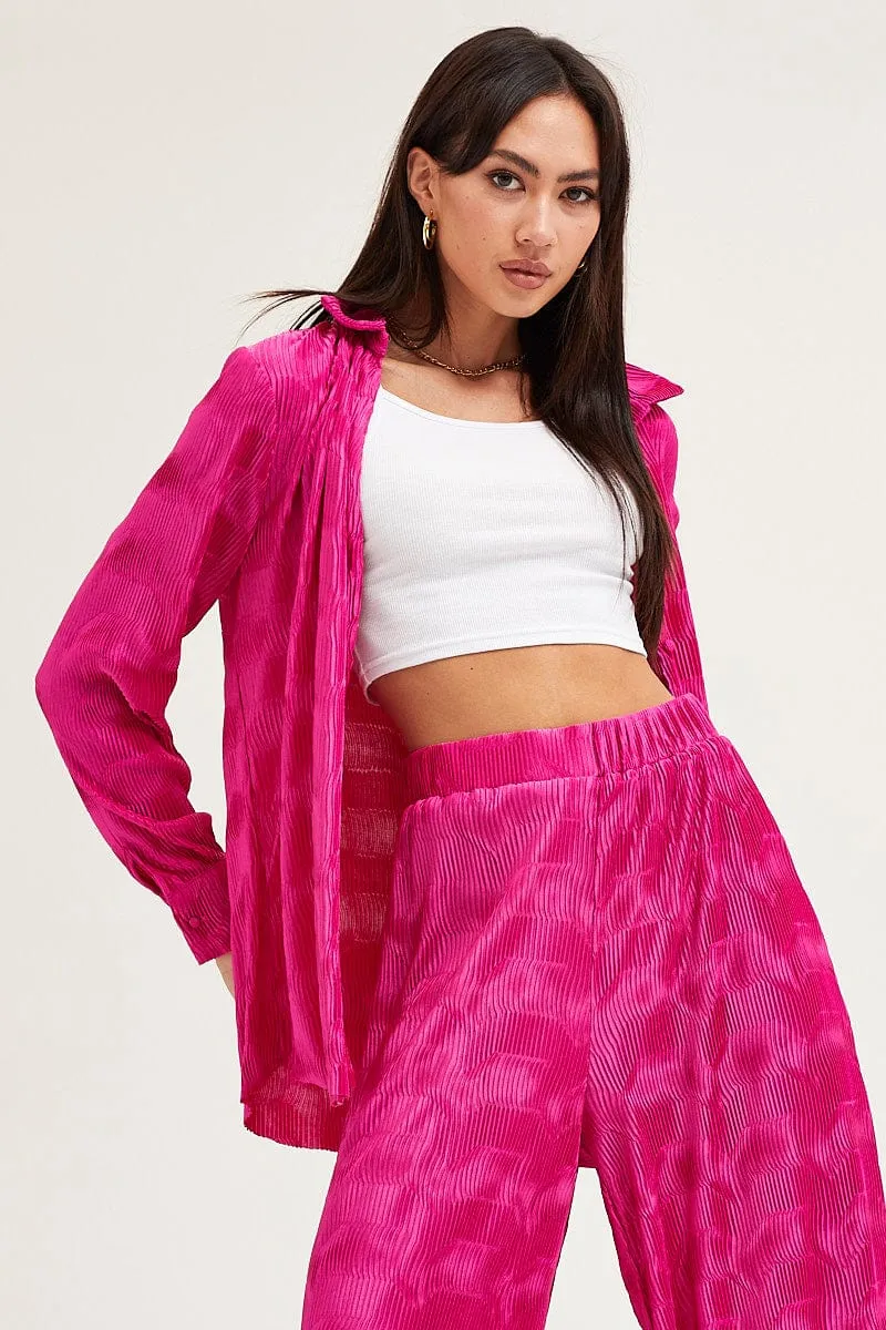 Pink Long Sleeve Plisse Shirt