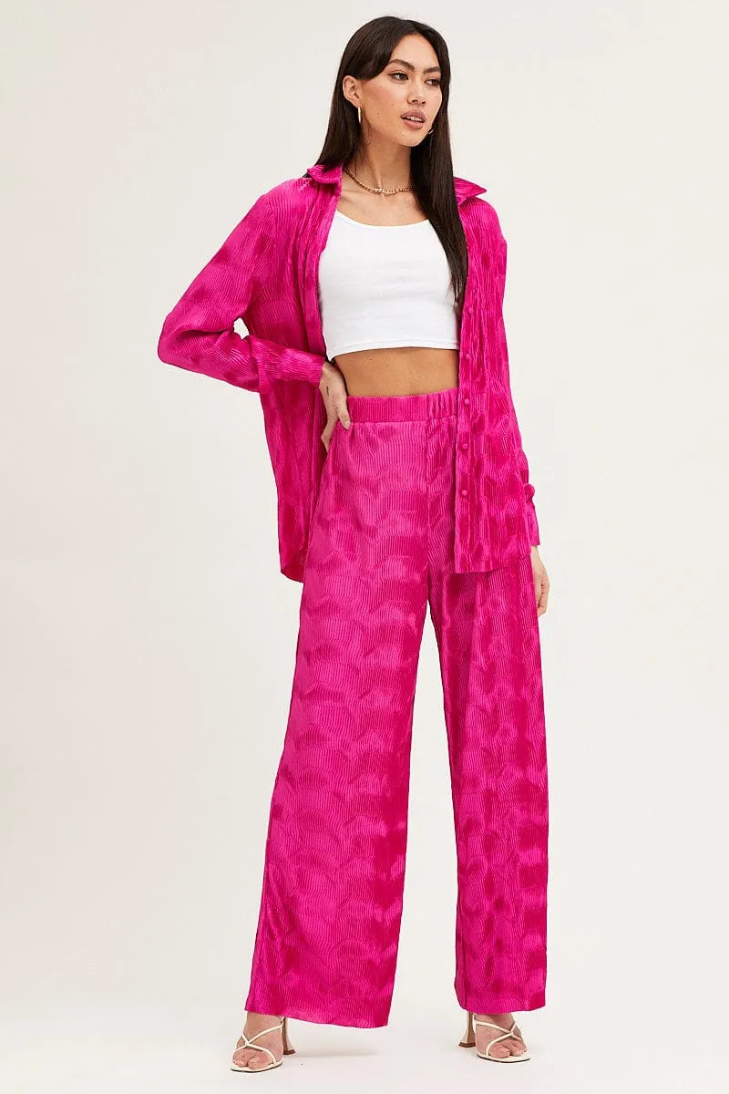 Pink Long Sleeve Plisse Shirt