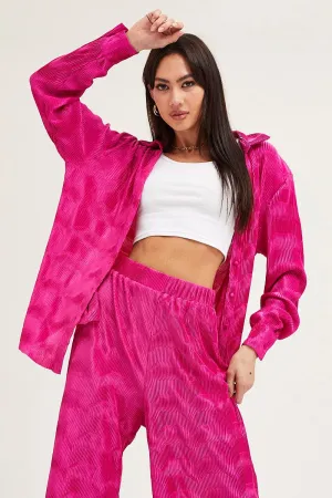 Pink Long Sleeve Plisse Shirt