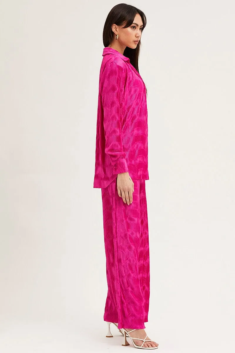 Pink Long Sleeve Plisse Shirt
