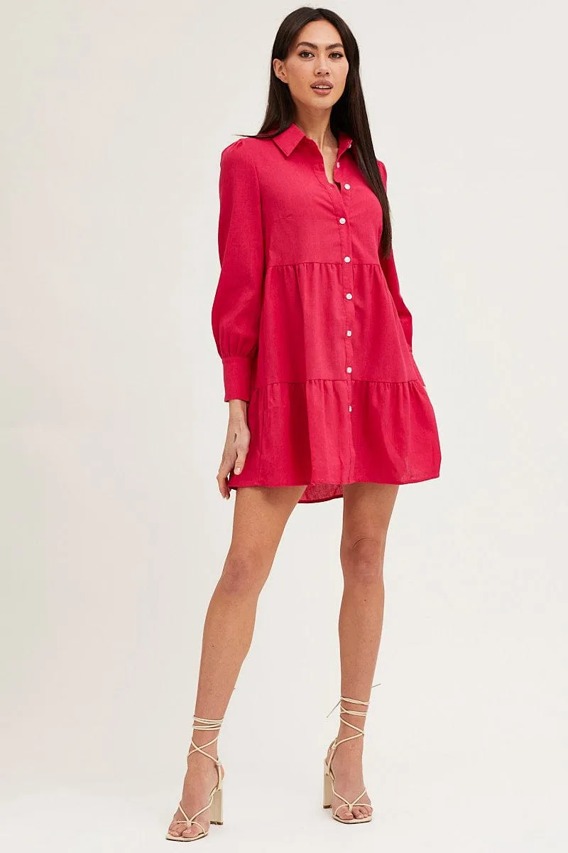 Pink Shirt Dress Long Sleeve Button Front