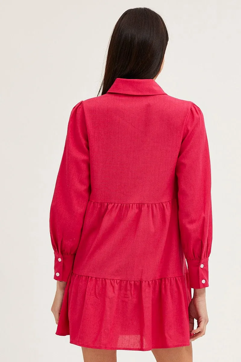 Pink Shirt Dress Long Sleeve Button Front